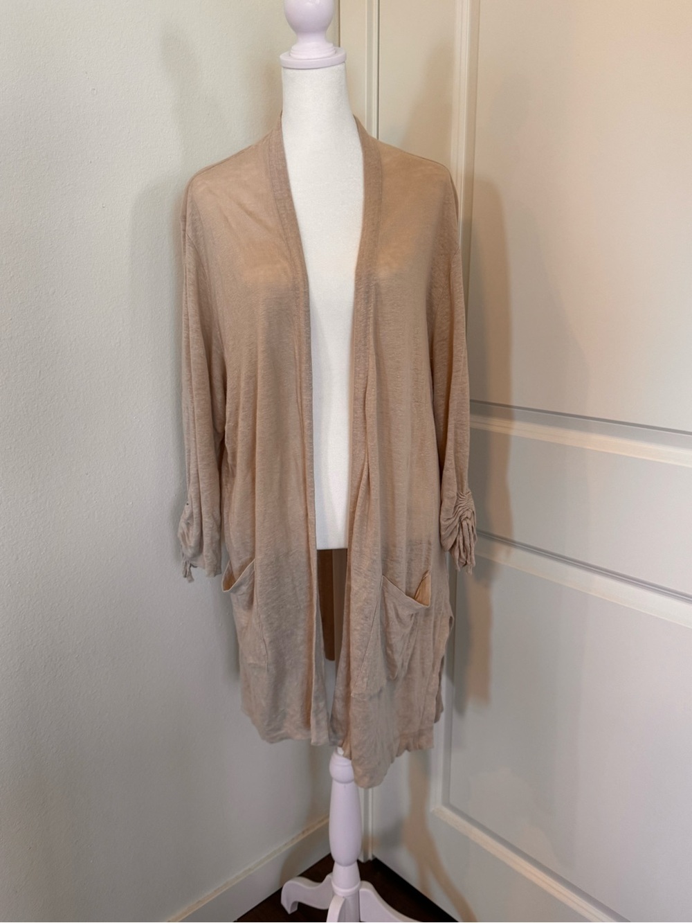 J. Jill Plus Size Love Linen Ruched Tie Sleeve Open Front Cardigan 2X